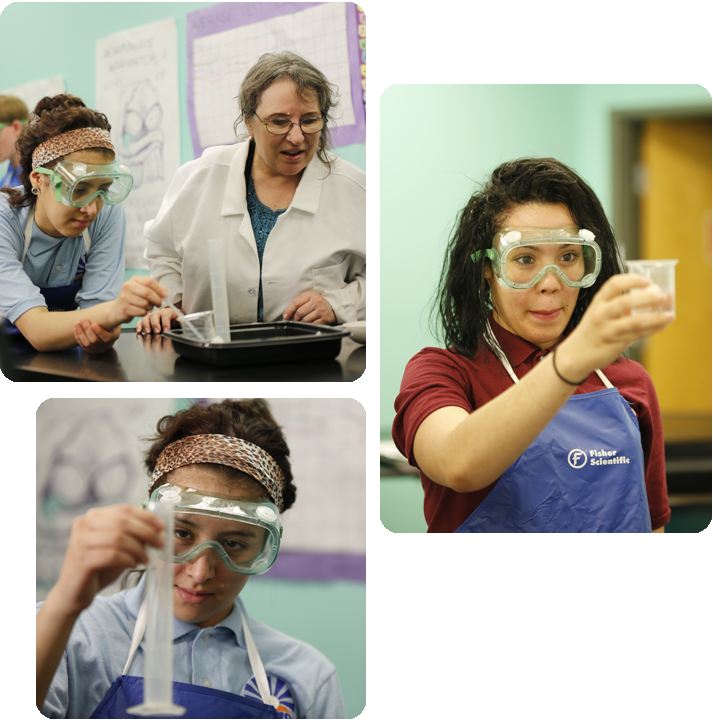 Students engaged in various activities in a science lab, showcasing teamwork and experimentation