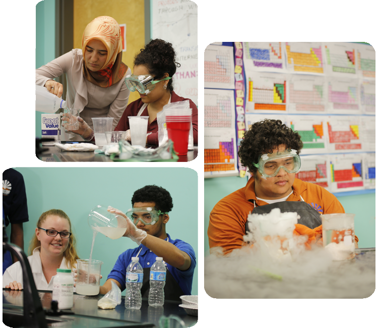 Collage showcasing various student activities including academics, science, and hands-on projects.